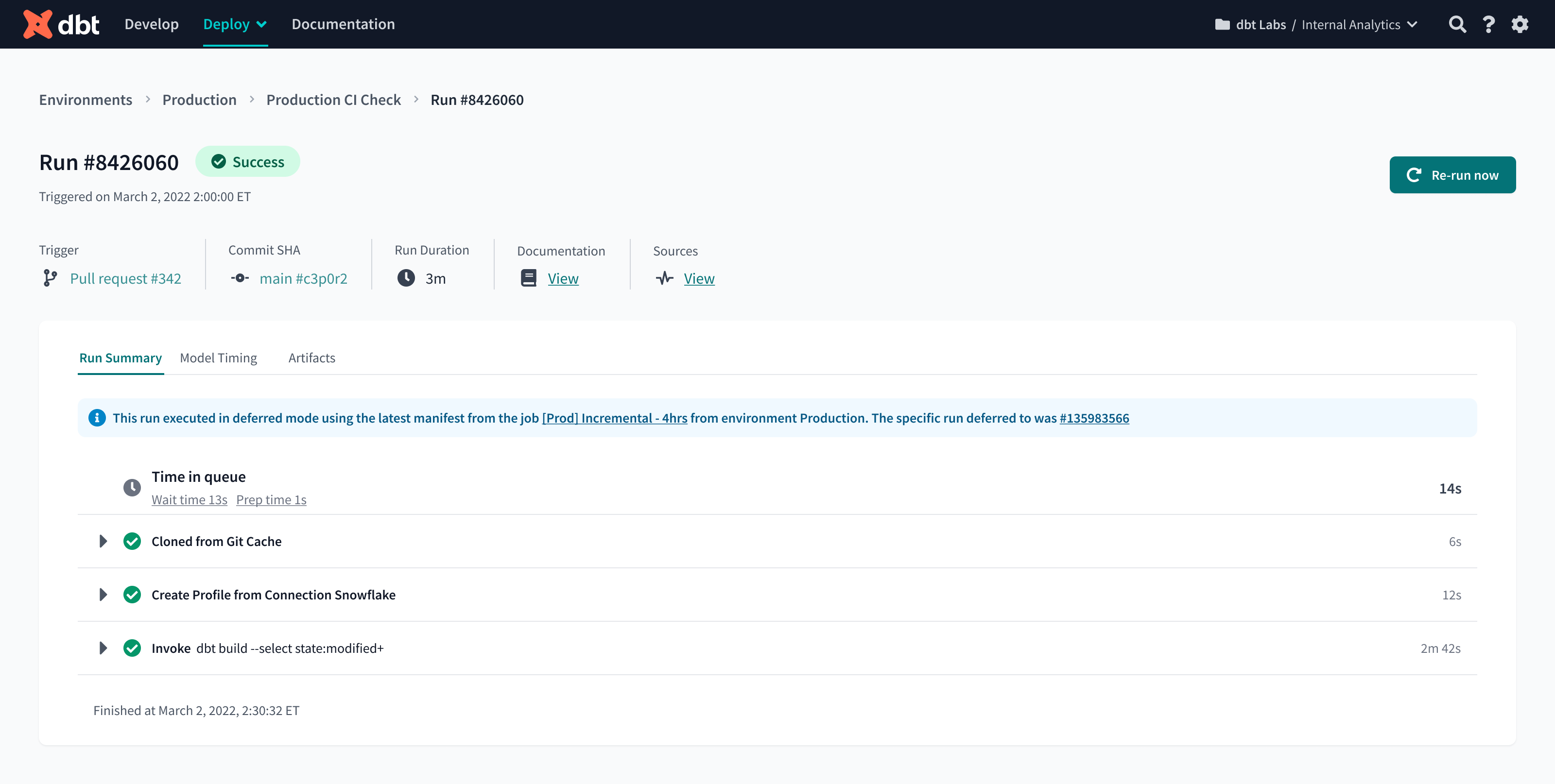 An overview of a dbt Cloud job run which contains Run Summary, Job Trigger, Run Duration, and more.